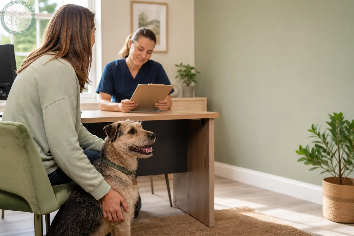 Dog sitting calmly beside its owner during a veterinary consultation about an individual feeding plan