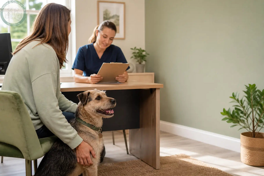 Dog sitting calmly beside its owner during a veterinary consultation about an individual feeding plan