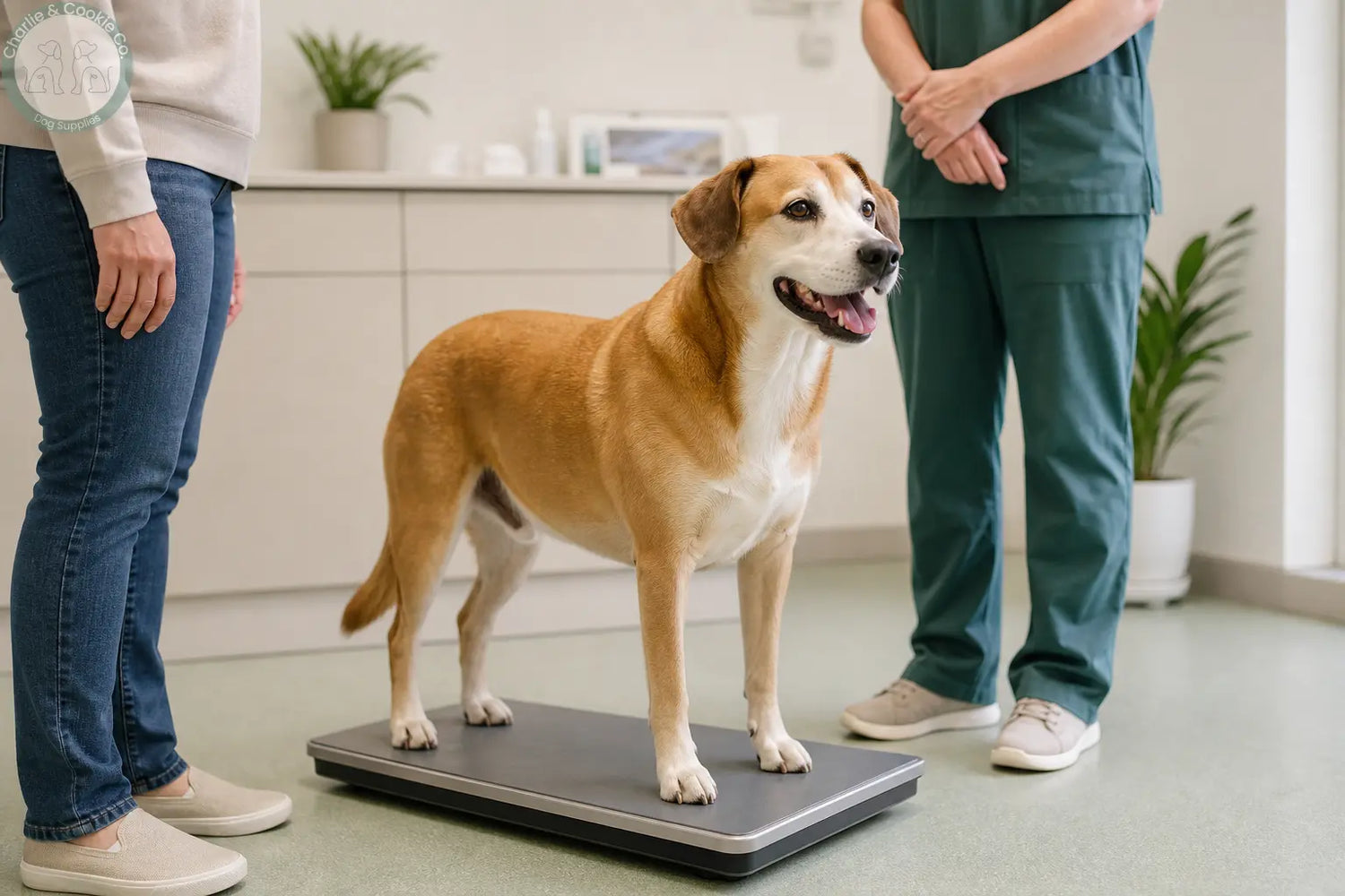 A dog standing calmly on a veterinary scale with an owner and veterinary professional