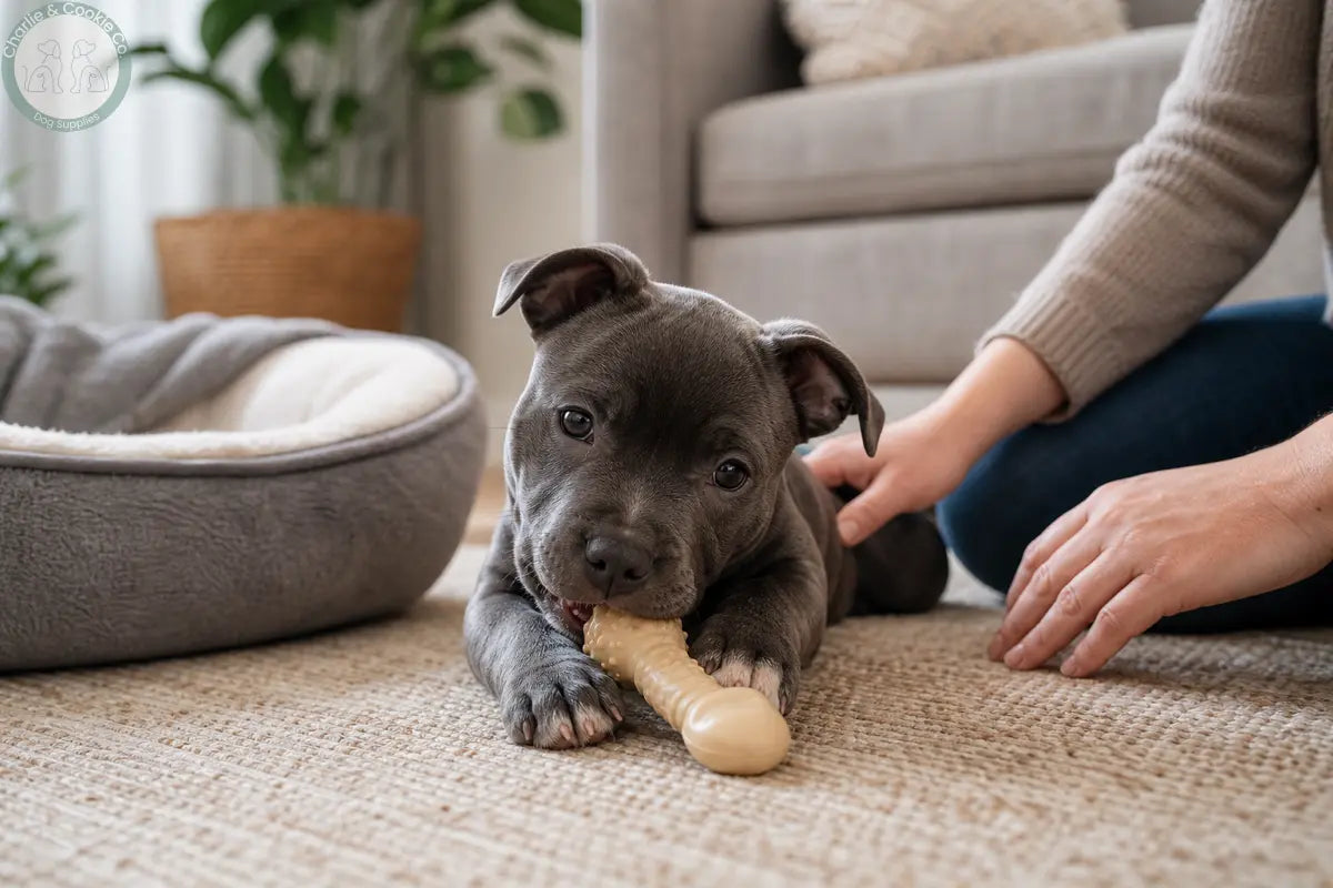 Staffordshire Bull Terrier puppy chewing a suitable puppy toy while supervised at home