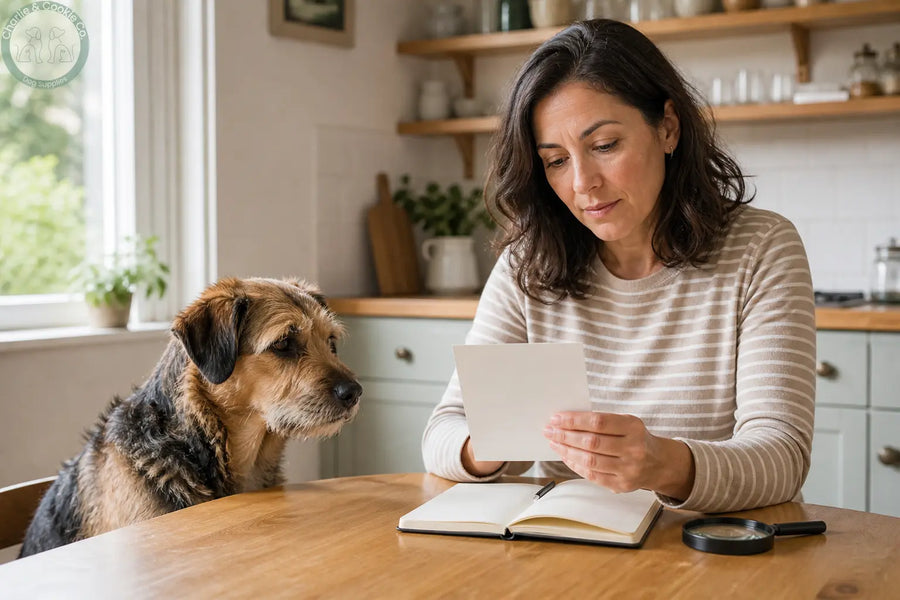 Dog owner reading a plain ingredient information card beside a calm dog at a kitchen table