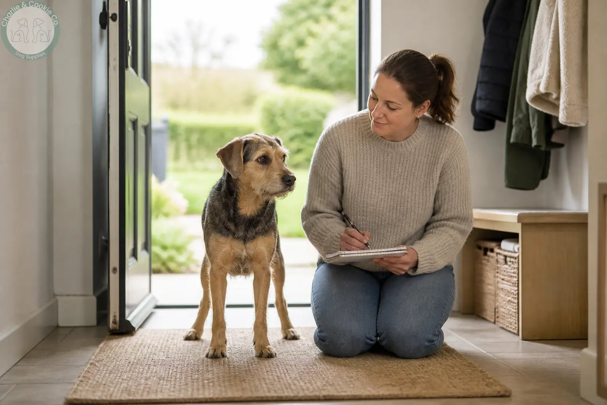 Dog standing by an open back door while its owner notes changes to discuss with a vet