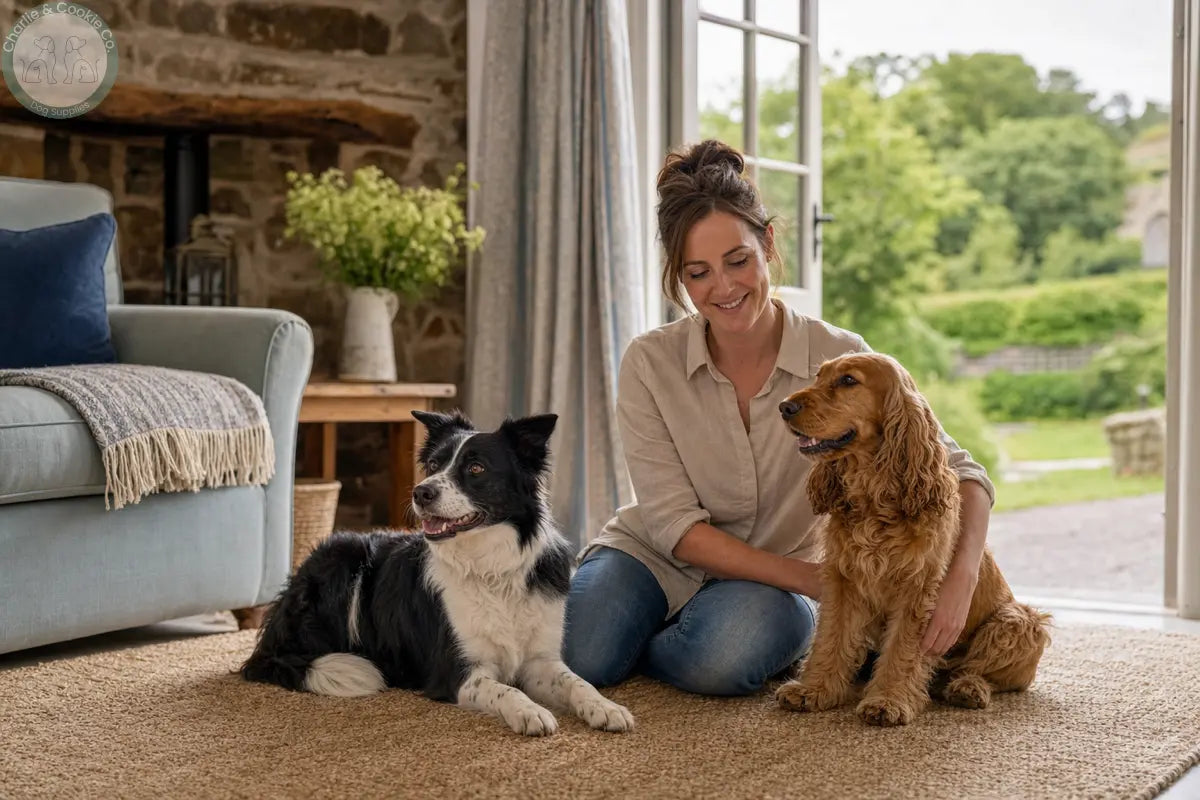Woman relaxing with a Border Collie and Cocker Spaniel after arriving at a UK countryside holiday cottage