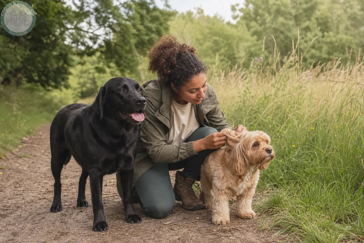 Owner checking a Labrador for ticks after a summer countryside walk with another small dog nearby