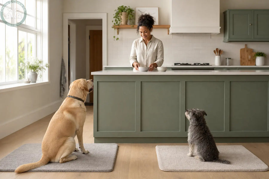 Two dogs sitting separately on mats while their owner prepares individual bowls in a bright home kitchen
