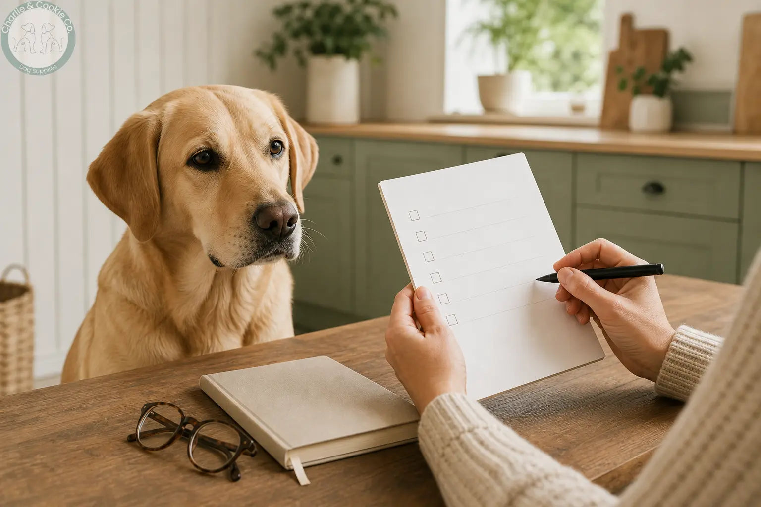A calm dog beside an owner writing a checklist of questions for their vet