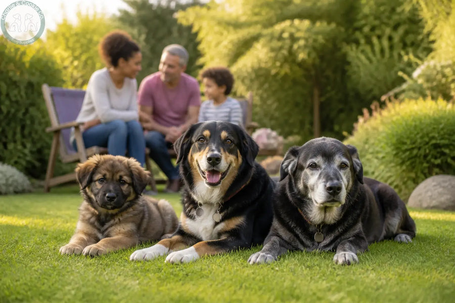 A puppy, adult dog and older dog relaxing together in a sunny British garden