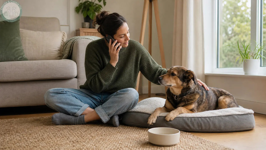 Dog owner on the phone beside a relaxed dog and water bowl at home