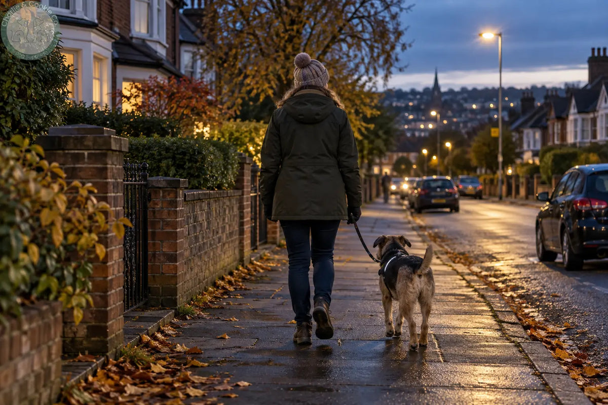 Person walking a dog on a short lead along a lit residential pavement at dusk