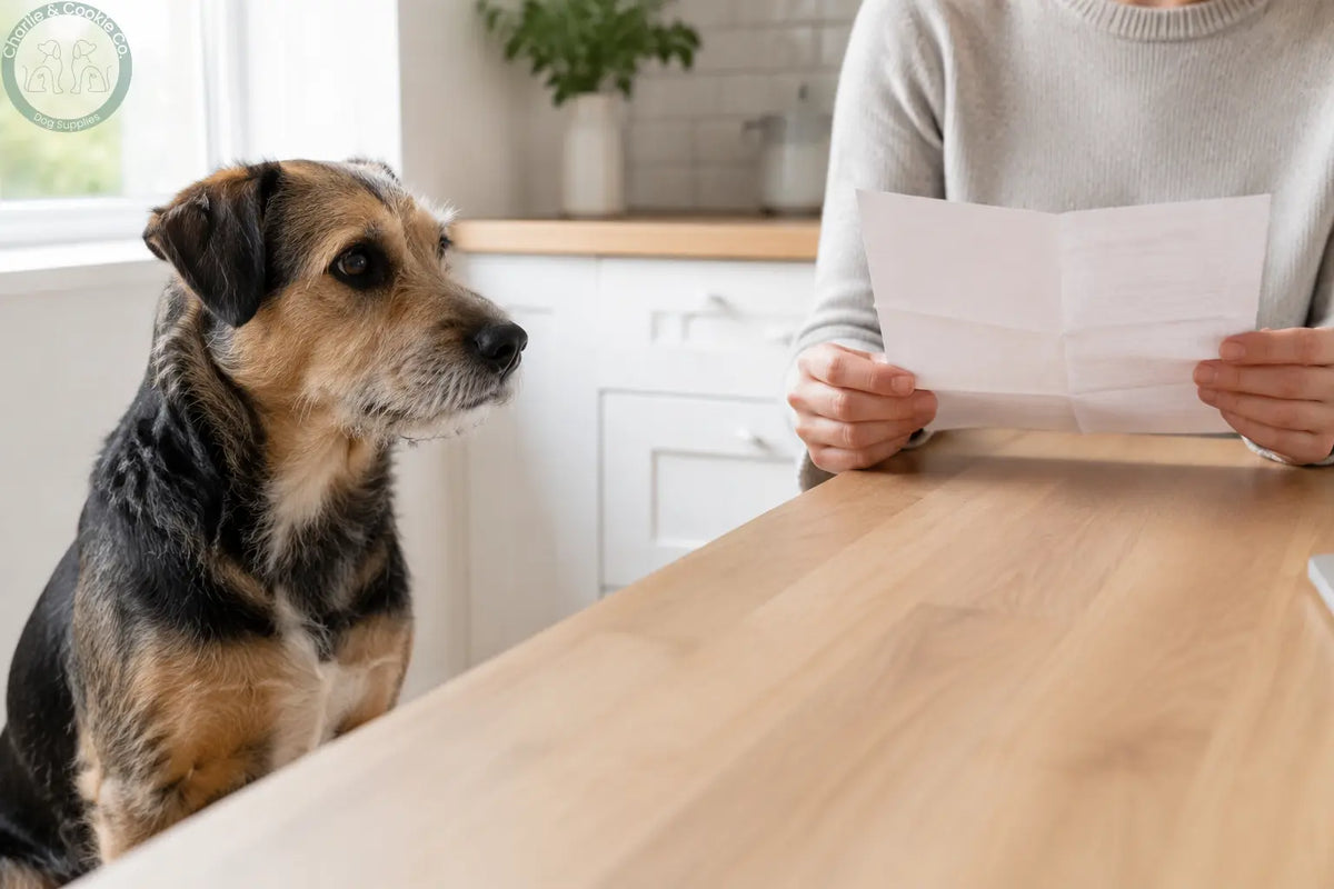 Dog sitting beside its owner while they read a plain information sheet at a kitchen table
