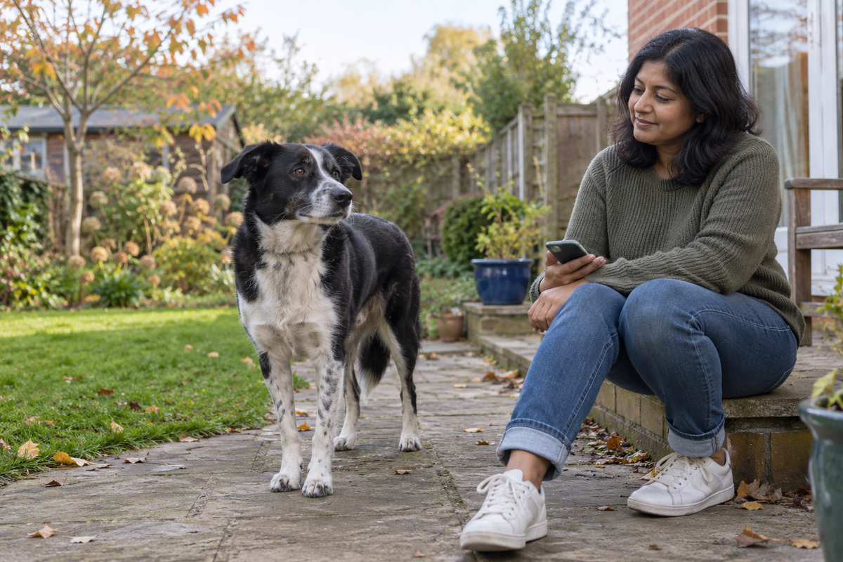 A black and white dog stands on a garden path beside their seated owner, who is holding a phone.