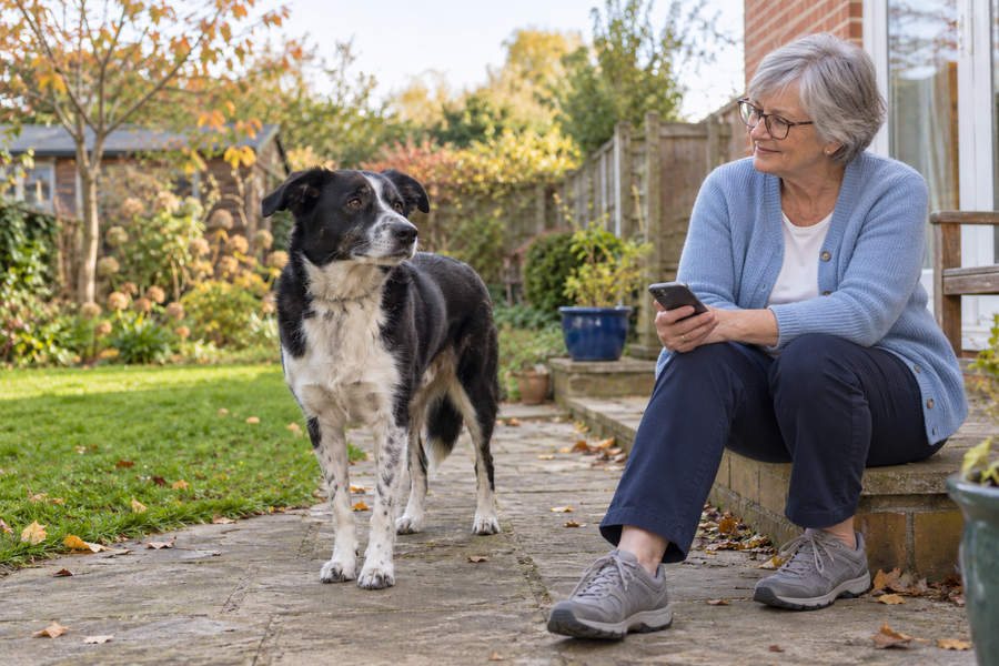 A black and white dog stands on a garden path beside an older woman with silver hair and glasses holding a phone.