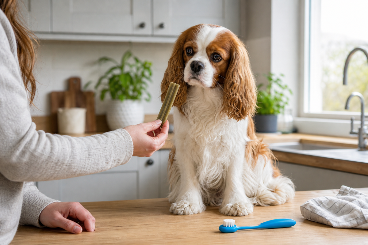 Cavalier King Charles Spaniel in a kitchen looking at a dental chew and dog toothbrush during a calm care routine