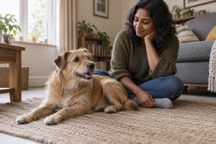 A dog rests on a rug beside their owner in a living room.