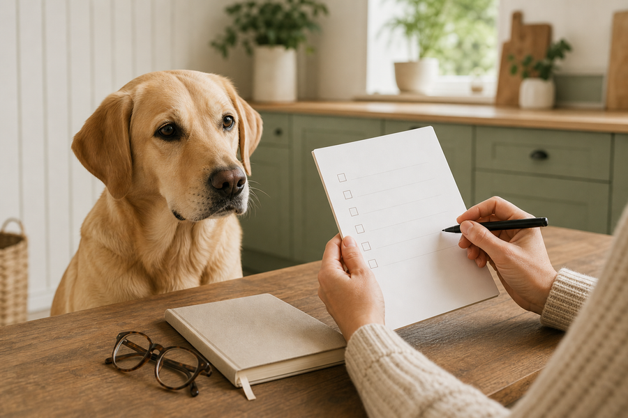 A calm dog beside an owner writing a checklist of questions for their vet