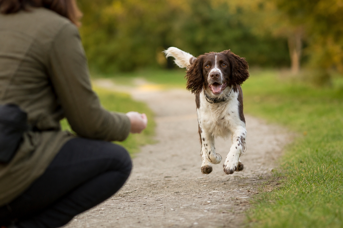 English Springer Spaniel running back to owner on a park path during recall training