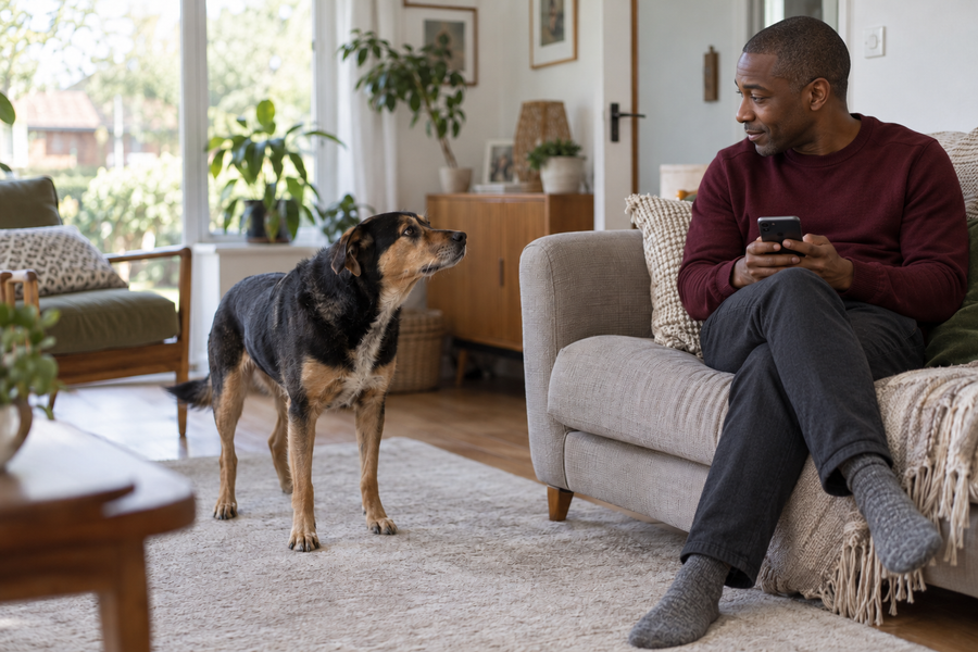 A black and tan dog stands on a pale rug beside a man in a burgundy sweatshirt holding a phone on a sofa.