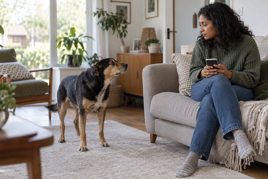 A black and tan dog stands on a pale rug beside their owner, who is seated on a sofa holding a phone.