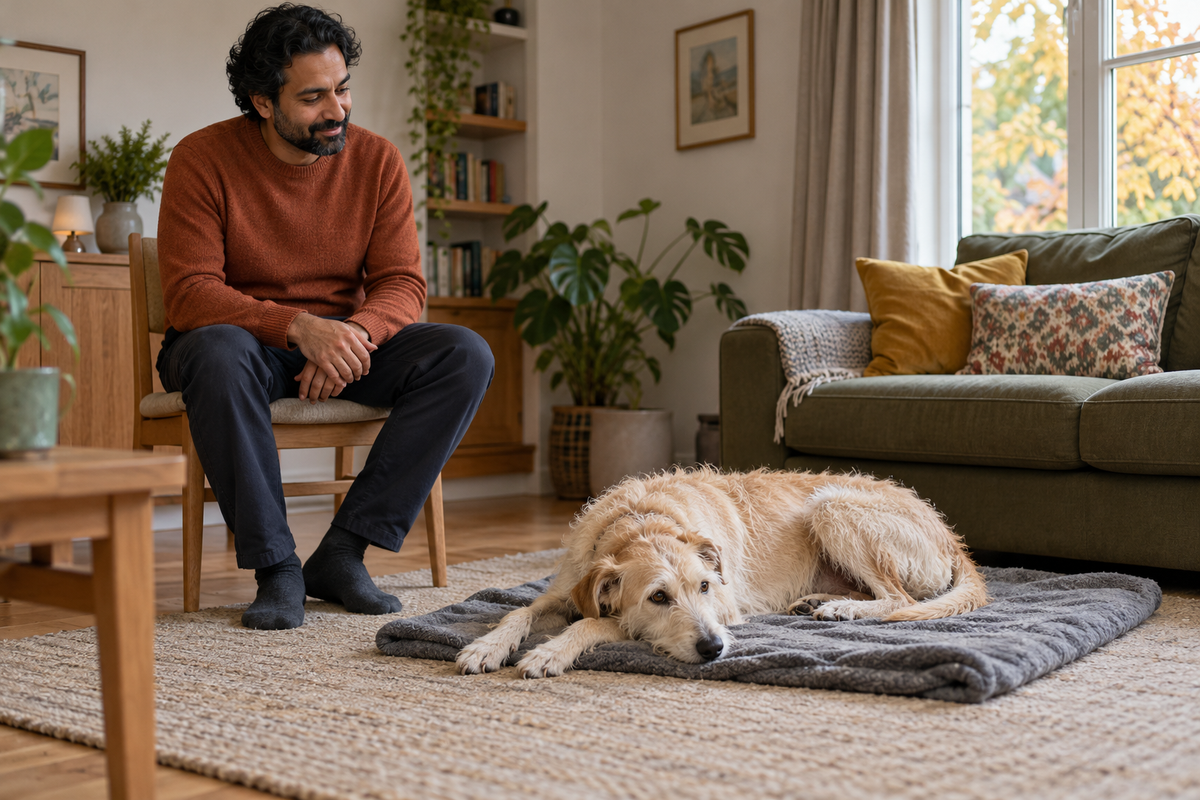 A cream rough-coated dog rests on a grey blanket beside a man in a rust jumper sitting on a chair.