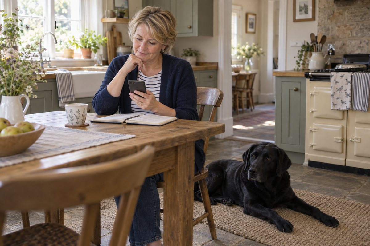 A woman checks her phone beside an open notebook at a kitchen table, with a black Labrador resting nearby.