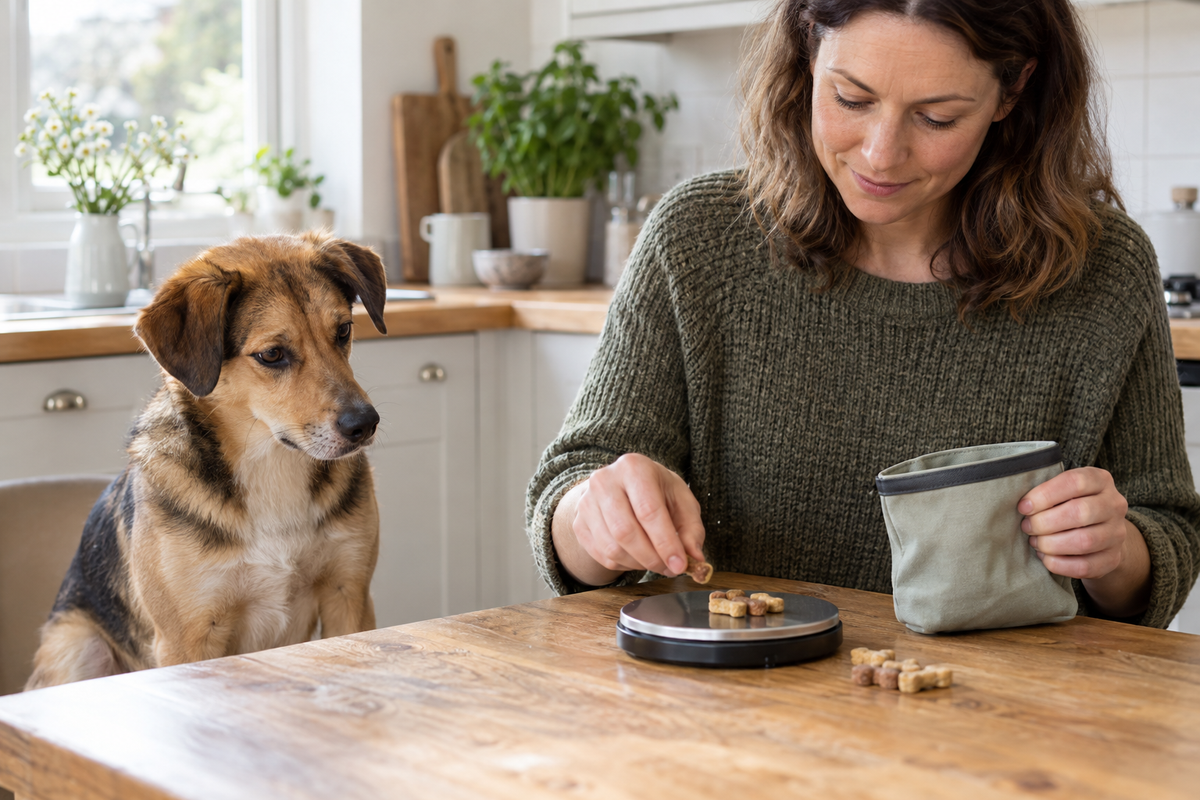 Dog owner weighing small training rewards on kitchen scales while her dog waits calmly