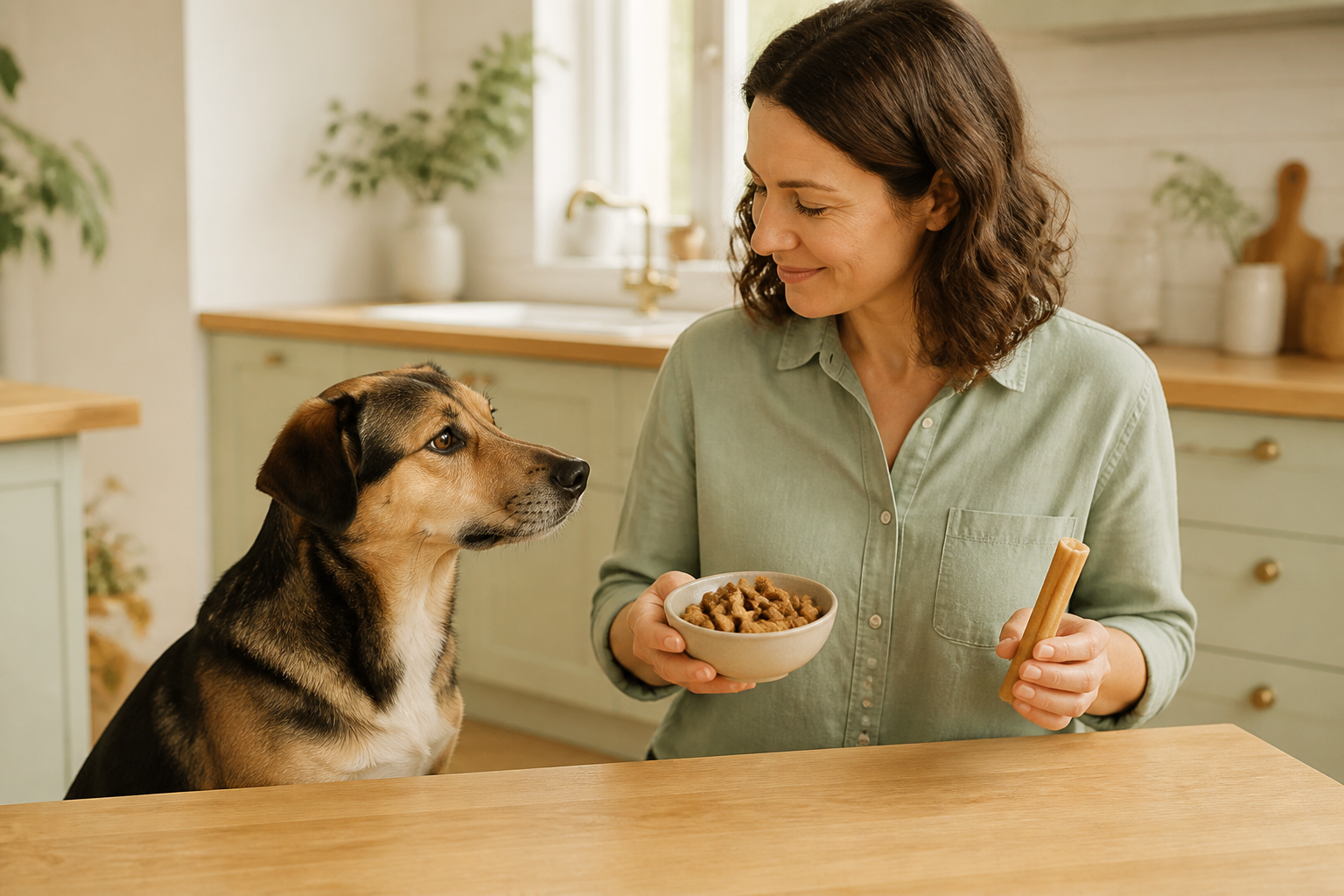 Dog owner comparing a bowl of small dog treats and a chew with a calm adult dog in a bright kitchen