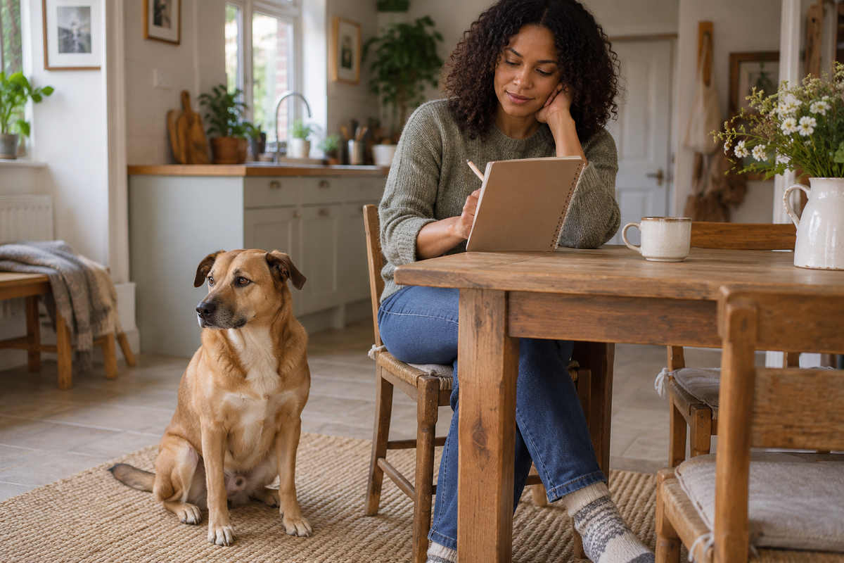 A tan dog sits beside their owner as she writes in a notebook at a kitchen table.