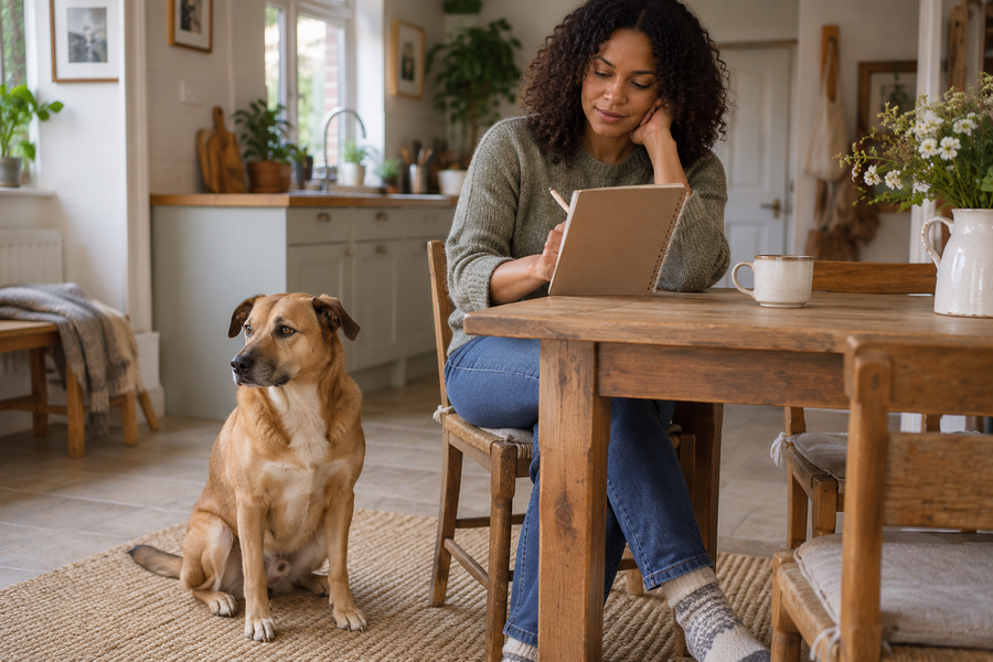 A tan dog sits beside their owner as she writes in a notebook at a kitchen table.