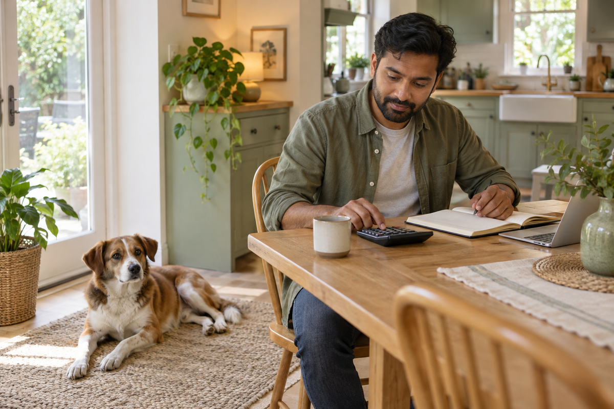 A brown and white dog rests on a rug while their owner uses a calculator at a kitchen table.
