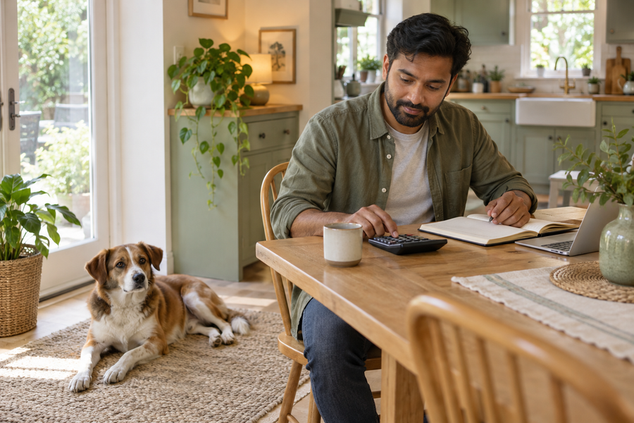 A brown and white dog rests on a rug while their owner uses a calculator at a kitchen table.