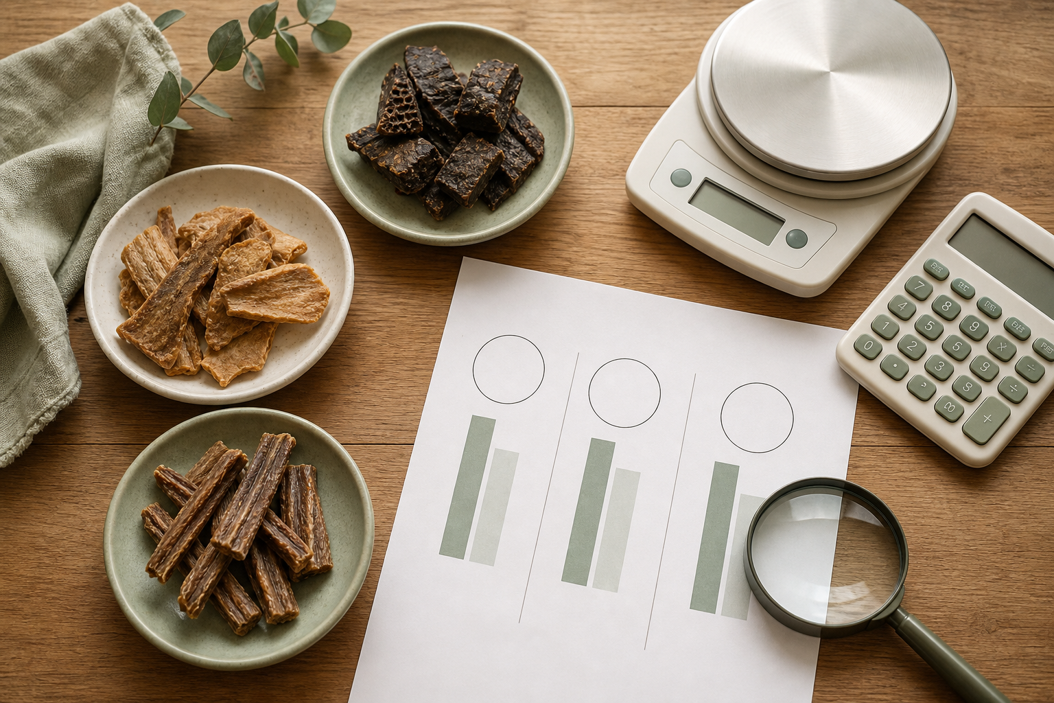 A neutral comparison of dog treats with a scale, calculator and blank chart