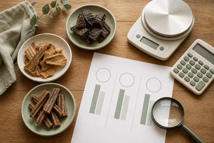 A neutral comparison of dog treats with a scale, calculator and blank chart
