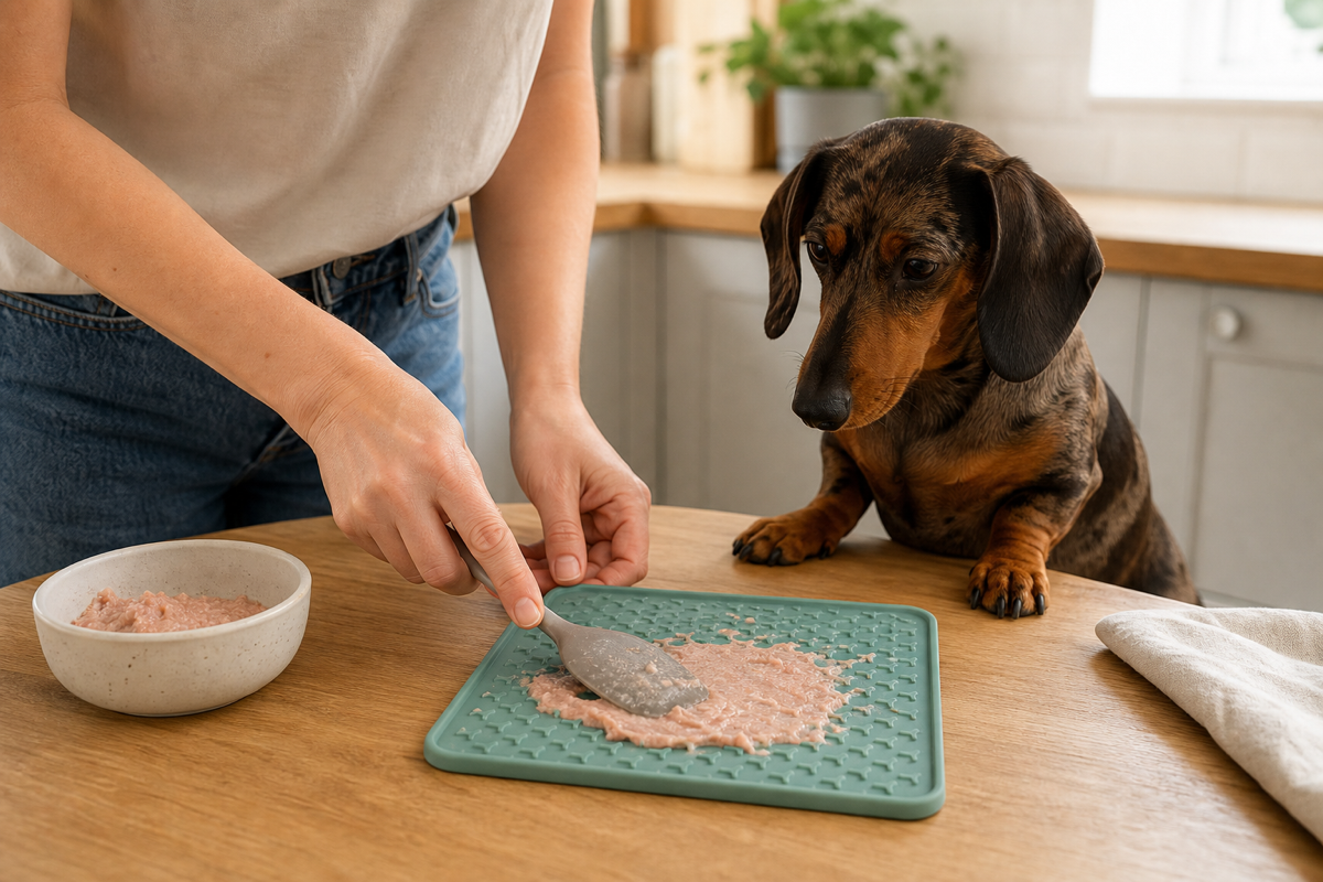 Miniature Dachshund watching an owner spread soft food on an unbranded lick mat in a kitchen