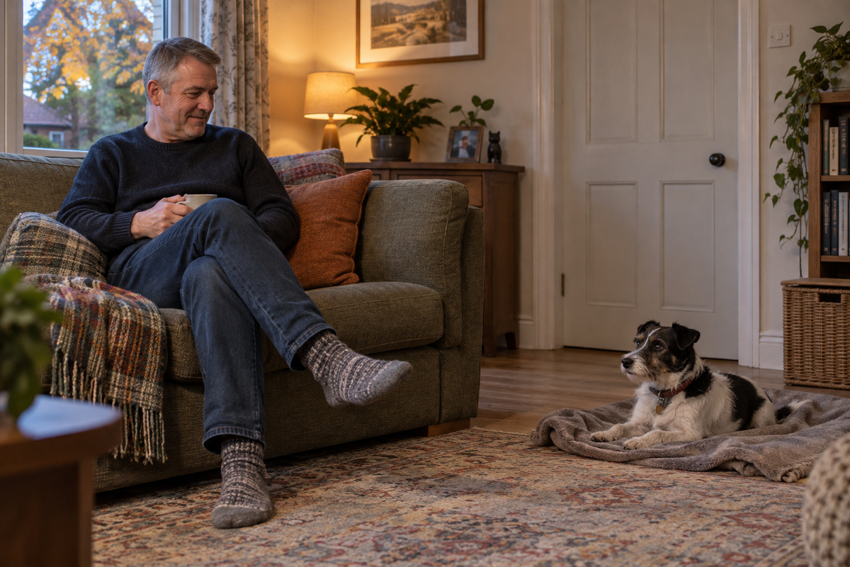 A black and white terrier rests on a blanket beside a man on a sofa, with an interior door closed and autumn leaves outside