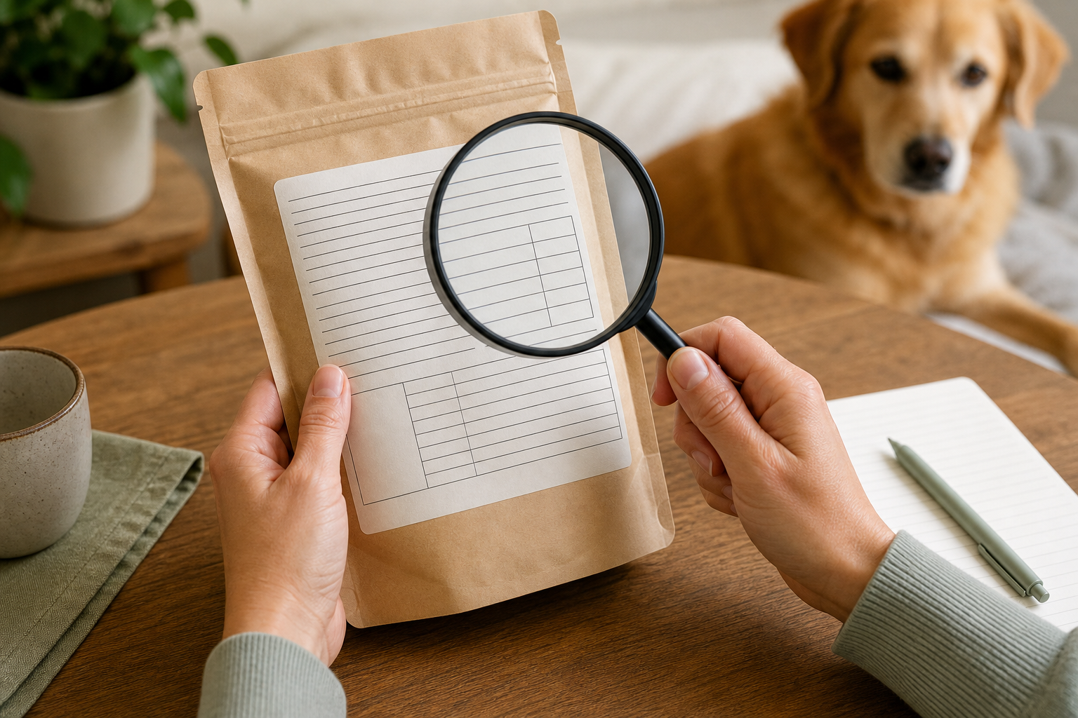 Hands using a magnifying glass to examine a generic dog treat label