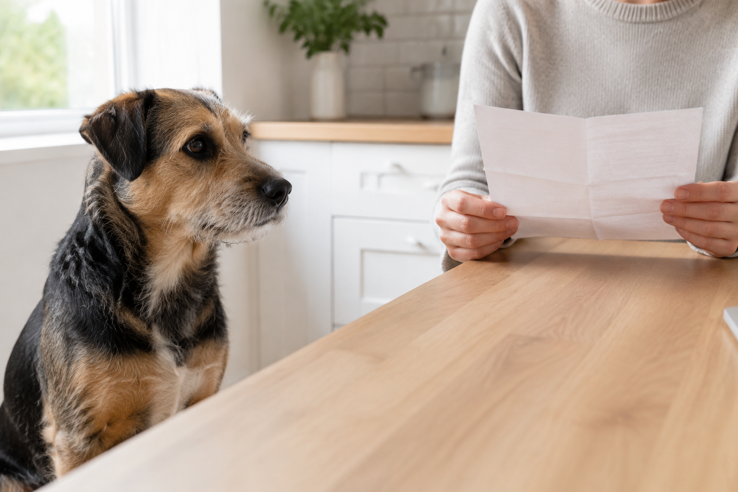 Dog sitting beside its owner while they read a plain information sheet at a kitchen table