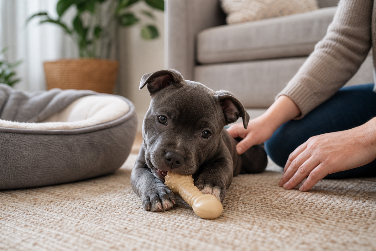 Staffordshire Bull Terrier puppy chewing a suitable puppy toy while supervised at home