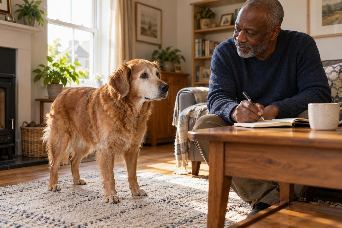 An older golden dog stands on a rug beside a man writing notes in a notebook in a living room.