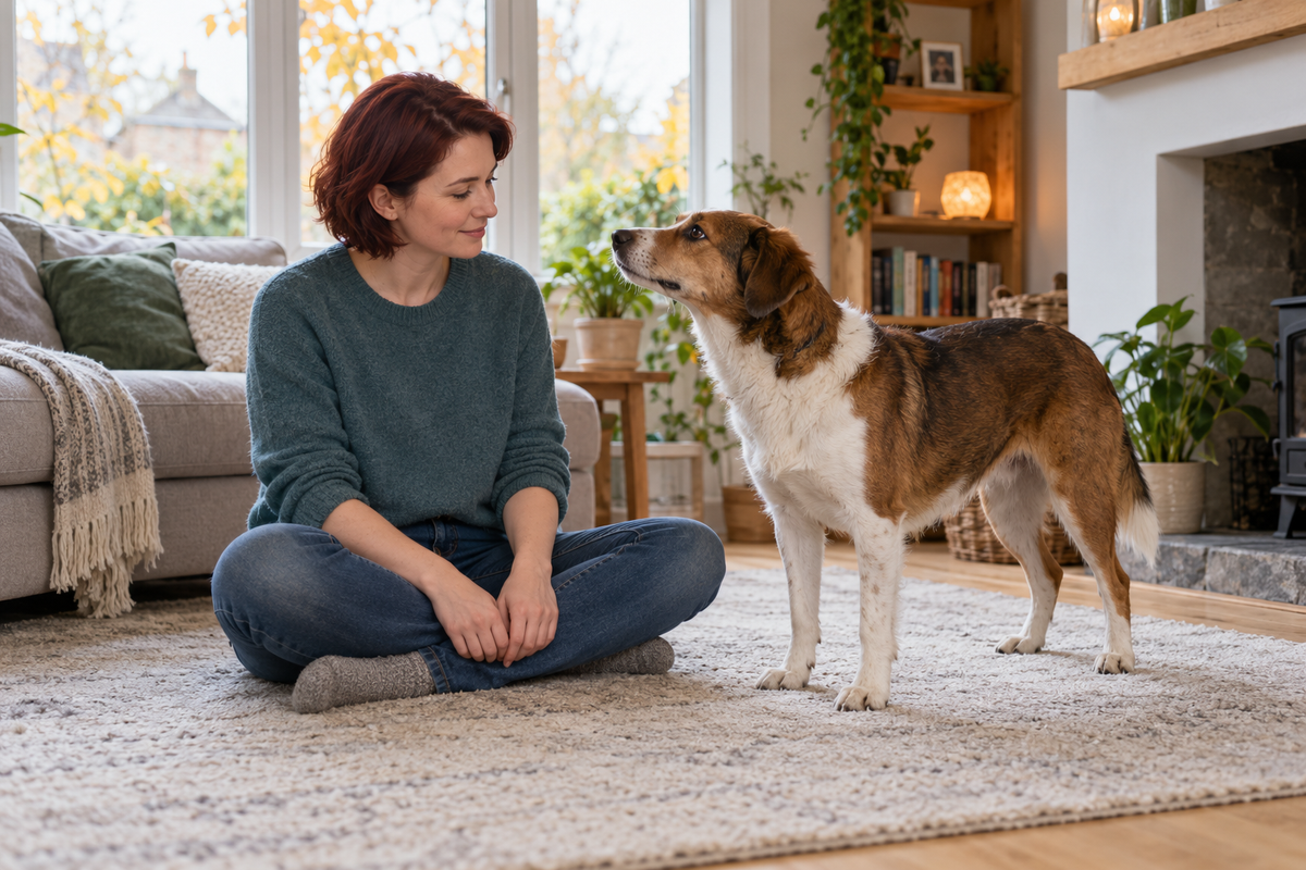 A woman in a teal jumper sits on a rug while a brown and white dog looks up towards her face.