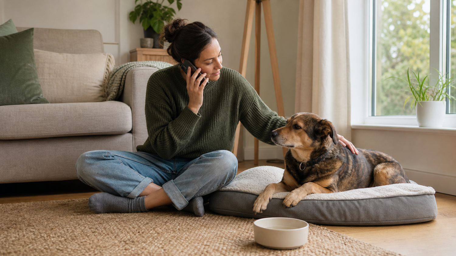 Dog owner on the phone beside a relaxed dog and water bowl at home
