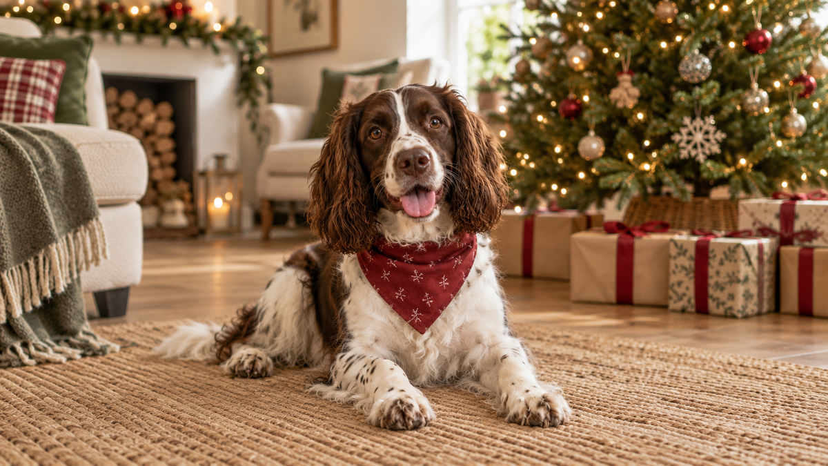 Brown and white spaniel wearing a red festive bandana beside a Christmas tree and presents