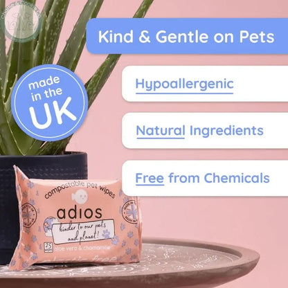 Adios Plastic Compostable Pet Wipes (25 Wipes) - Eco-Friendly, Gentle &amp; Natural Grooming - Charlie &amp; Cookie Co.