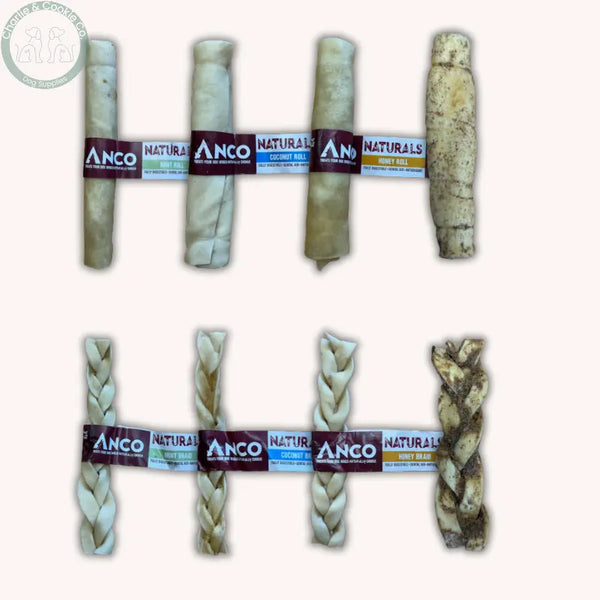 Anco Naturals Beef Skin Chews rolls or braids in Mint, Coconut, Honey or Peanut Butter
