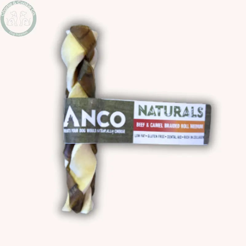 Anco Naturals Beef and Camel Braided Roll dog chew in Medium or Large