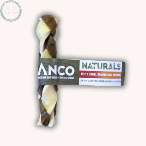 Anco Naturals Beef and Camel Braided Roll dog chew in Medium or Large