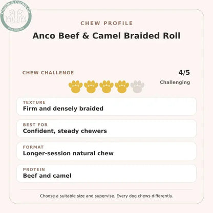Chew Profile for Anco Beef &amp; Camel Braided Roll: challenge 4/5, firm and densely braided