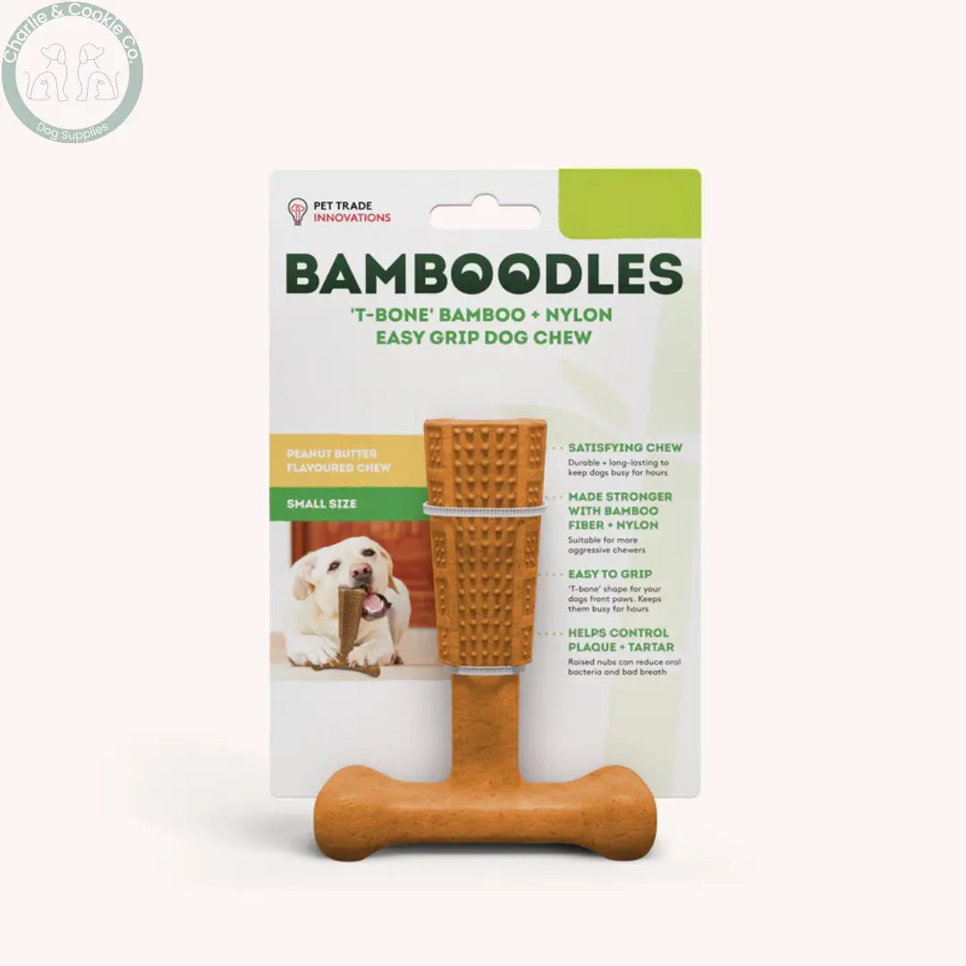 Bamboodles T-Bone Chew Toy Peanut Butter Flavour | Bamboo + Nylon Durable Dog Chew Pet Trade Innovations