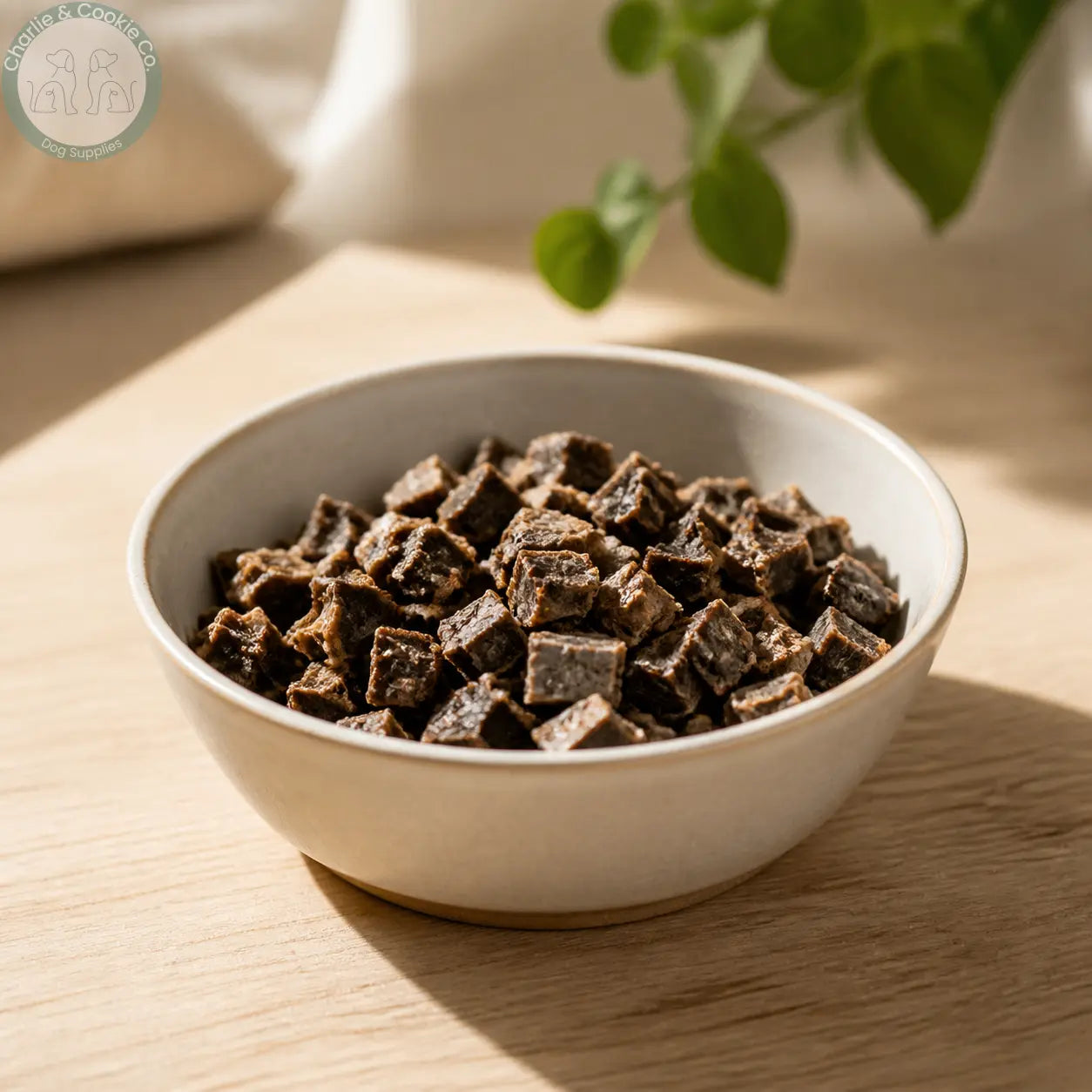 C&amp;C Chicken and Beef Training Treats in a ceramic treat bowl