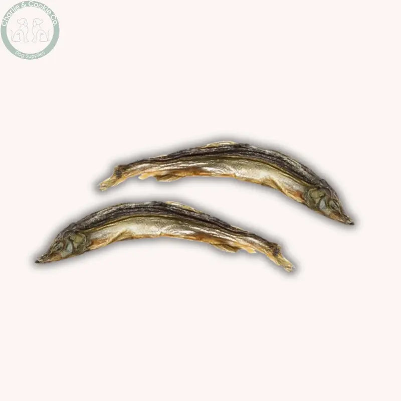 Two whole Fish D’Light capelin dog treats