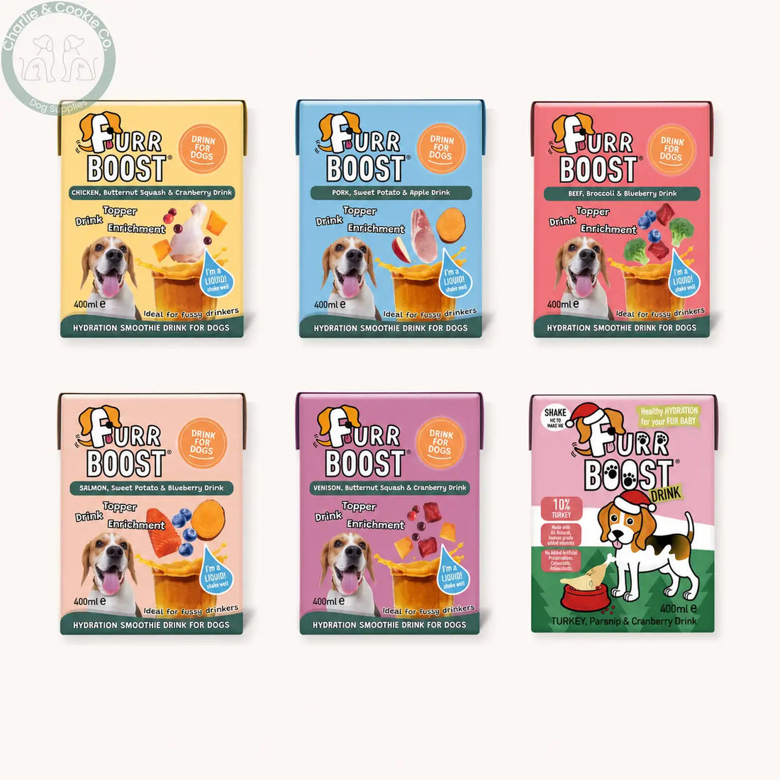 Furr Boost 400ml dog drinks in all six current recipes: Chicken, Pork, Beef, Salmon, Venison and Turkey